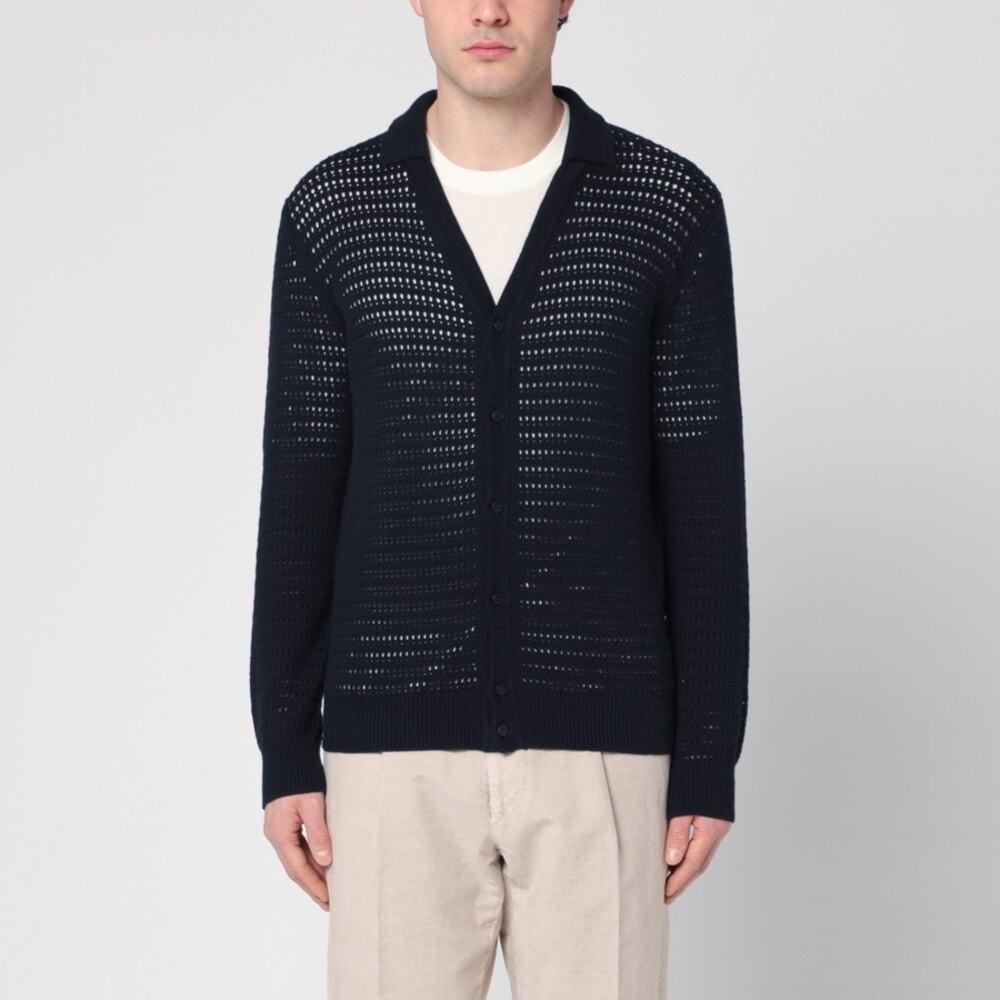Roberto Collina Italian Navy Blue Perforated Knit Cardigan Sweater Size XL